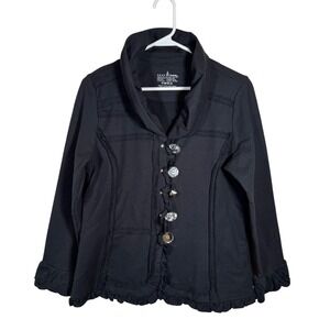 Neon Buddha Black Ruffle Decorative Button Up Jacket Raw Edge Lagenlook Women M